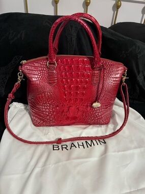 Brahmin Duxbury Satchel Dragon Melbourne Red Metallic Iridescent Croc Embossed